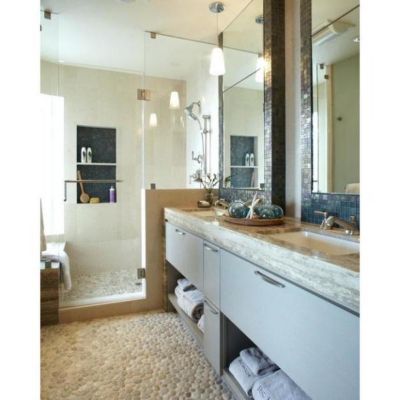 Image showing  White Sliced High-Polished Pebble Stone Floor and Wall and Tiles, 12 in. x 12 in., 5 pc.