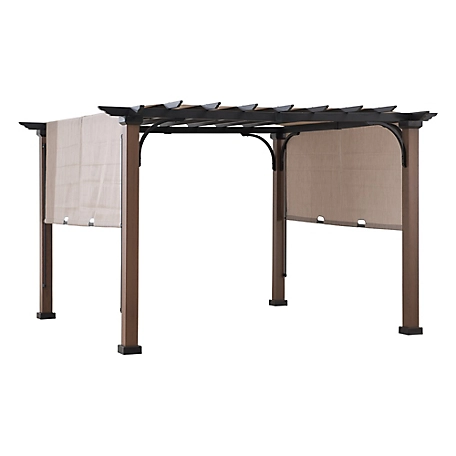 SummerCove Sunjoy 11 x 11 ft. Metal Pergola with Natural Wood Looking Finish and Tan Adjustable Canopy Shade