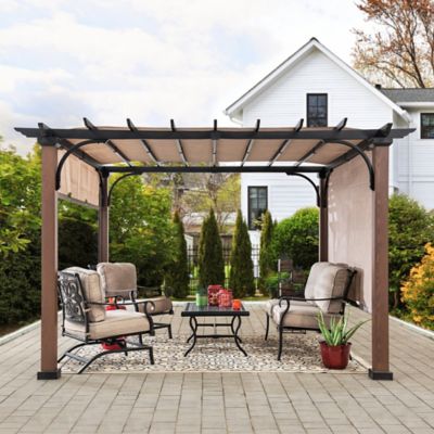 Image showing  Sunjoy 11 x 11 ft. Metal Pergola with Natural Wood Looking Finish and Tan Adjustable Canopy Shade