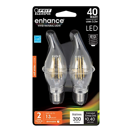 Feit Electric 40W Equivalent 300 Lumen Enhance Flame-Tip S White Candelabra Dimmable LED Light Bulbs, 2-Pack
