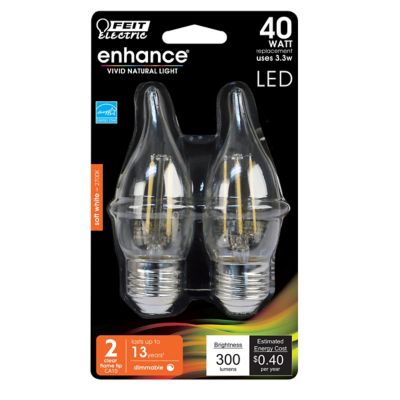 Feit Electric 40W Equivalent 300 Lumen Enhance Flame-Tip S White Medium-Base Dimmable LED Light Bulbs, 2-Pack