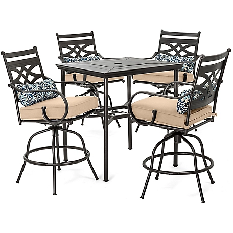 Hanover 5 pc. Montclair High-Dining Patio Set, Includes 4 Swivel Chairs and 33 in. Counter-Height Dining Table, Tan