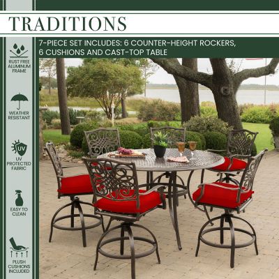Image showing  Traditions 7-Piece High-Dining Set in Red with 6 Swivel Chairs and a 60 in. Cast-Top Table
