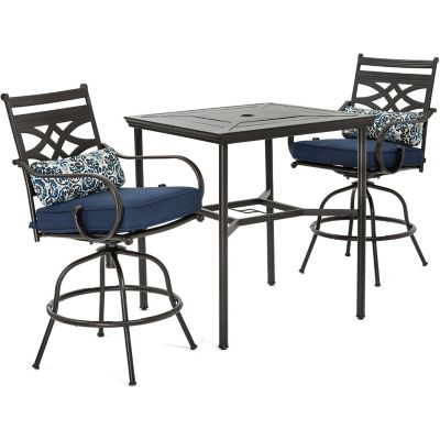 Hanover 3 pc. Montclair High-Dining Set, Includes 2 Swivel Chairs and 33 in. Square Table, Navy Blue