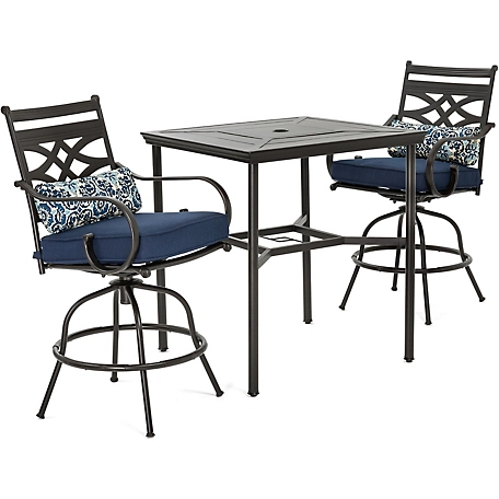 Hanover 3 pc. Montclair High-Dining Set, Includes 2 Swivel Chairs and 33 in. Square Table, Navy Blue