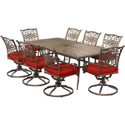 Hanover 9 pc. Traditions Dining Set, Includes 8 Swivel Rockers and 84 in. x 42 in. Cast-Top Dining Table, Red