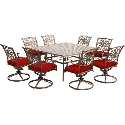 Hanover 9 pc. Traditions Dining Set, Includes 8 Swivel Rockers and Large 60 In. Cast-Top Square Table, Red