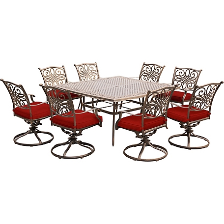 Hanover 9 pc. Traditions Dining Set, Includes 8 Swivel Rockers and Large 60 In. Cast-Top Square Table, Red