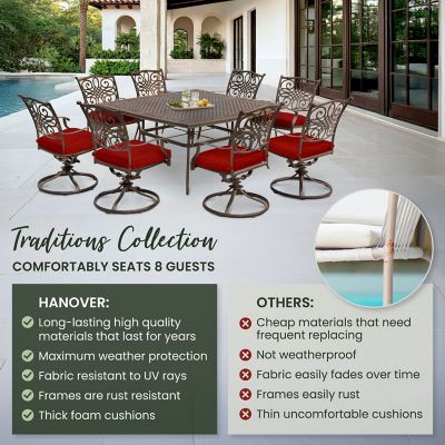Image showing  9 pc. Traditions Dining Set, Includes 8 Swivel Rockers and Large 60 In. Cast-Top Square Table, Red