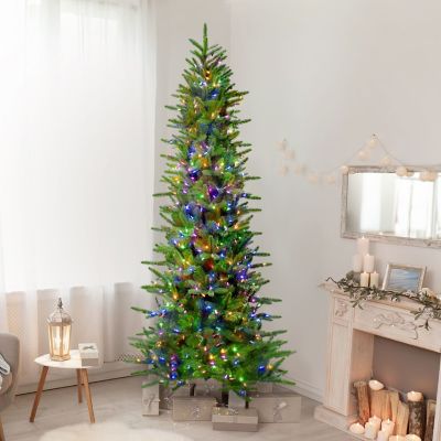Fraser Hill Farm 9 ft. Pre-Lit Carmel Pine Slim Artificial Tree, Multicolor Lights