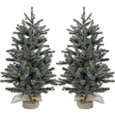 Fraser Hill Farm 2 pk. 2-Ft. Heritage Pine Artificial Trees, Burlap Bases & Battery-Operated Multi-Colored LED String Lights