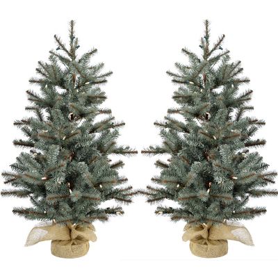 Fraser Hill Farm Set of Two 3-Ft. Heritage Pine Artificial Trees with Burlap Bases and LED String Lights