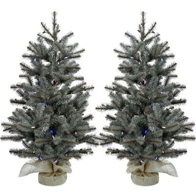 Fraser Hill Farm Set of Two 3-Ft. Heritage Pine Artificial Trees with Burlap Bases and Multi-Colored LED String Lights