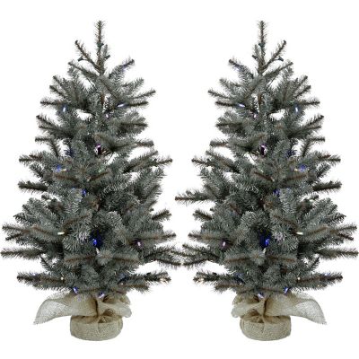 Fraser Hill Farm 3 ft. Pre-Lit Heritage Pine Artificial Trees in Burlap Bases, Multicolor LED String Lights, 2-Pack