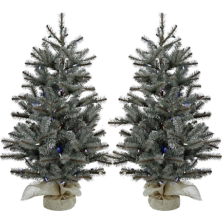 Fraser Hill Farm Set of Two 3-Ft. Heritage Pine Artificial Trees with Burlap Bases and Multi-Colored LED String Lights