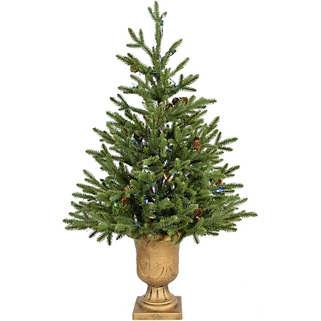 Fraser Hill Farm 3-Ft. Noble Fir Artificial Tree with Metallic Urn Base and Battery-Operated Multi-Colored LED String Lights