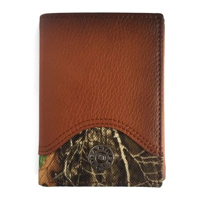 Realtree Burnished Leather Trifold Wallet with Camo, Brown