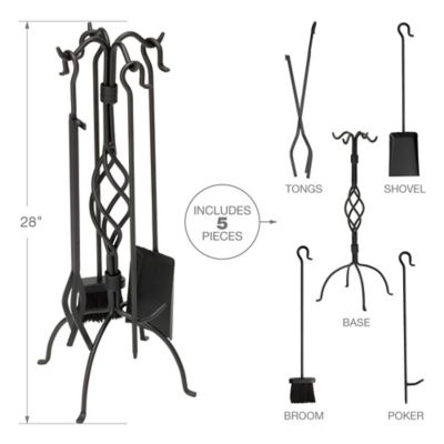 Image showing  Wrought-Iron Fireplace Tool Set with Center Weave Crook Handles, 28 in. H, Black, 5 pc.