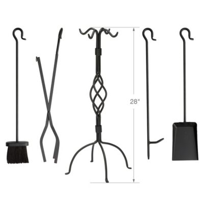 Image showing  Wrought-Iron Fireplace Tool Set with Center Weave Crook Handles, 28 in. H, Black, 5 pc.