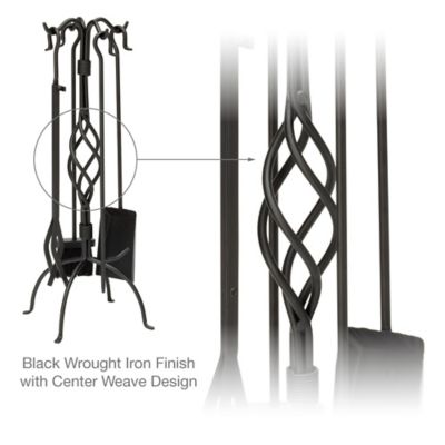 Image showing  Wrought-Iron Fireplace Tool Set with Center Weave Crook Handles, 28 in. H, Black, 5 pc.