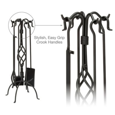 Image showing 5 th UniFlame Wrought-Iron Fireplace Tool Set with Center Weave Crook Handles, 28 in. H, Black, 5 pc.