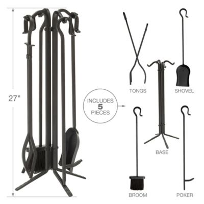 Image showing  Wrought-Iron Fireplace Tool Set with Crook Handles, 27 in. H, Black, 5-Pack