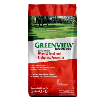 GreenView Fairway Formula Spring Fertilizer Weed and Feed + Crabgrass Preventer, 18 lb. covers 5,000 sq. ft. Haven't checked out the crabgrass yet, but it sure knocked out a lot of broadleaf weeds and the lawn is nice & green