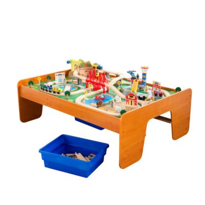 KidKraft Ride Around Town Wooden Train Set and Table with Storage Bins, Honey, 100 pc.