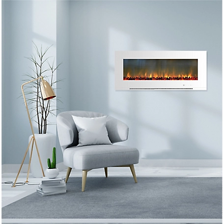 Cambridge 5,118 BTU 56 in. Metropolitan Wall-Mount Electric Fireplace with Burning Log Display, Remote Control, White