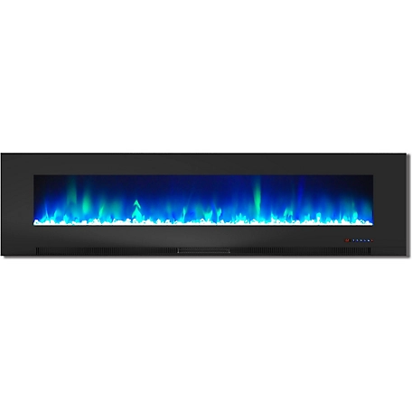 Cambridge 78 in. Wall-Mount Electric Fireplace in Black with Multicolor Flames, Crystal Rock Display, Remote