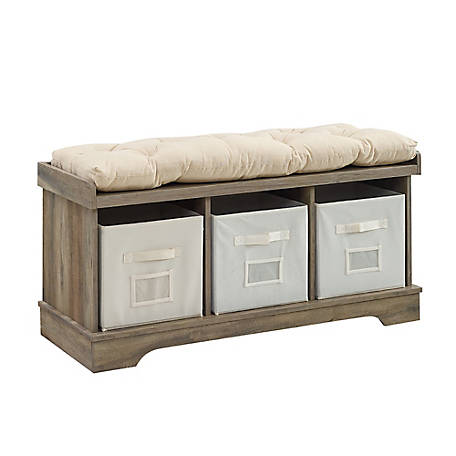 Walker Edison Wood Storage Bench with Totes and Cushion, 16 in. x 42 in. x 18 in.