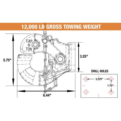 Image showing  6-Ton Pintle Hook Wide Mounting Kit, 1.75 in. Vertical, 3.38 in. Horizontal, 12,000 lb. Towing Capacity