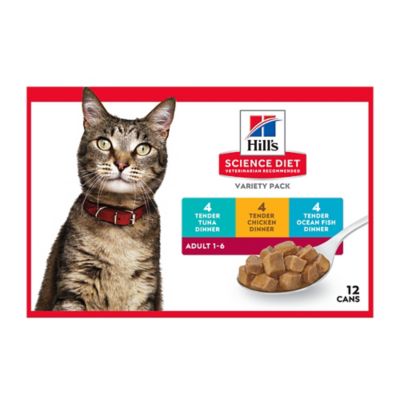 Hill's Science Diet Adult Tender Dinner Chicken, Tuna, and Ocean Fish Collection Wet Cat Food Pack, 5.5 oz., Pack of 12 Cans