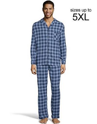 Hanes Men's Woven Pajama Set Long Sleeve Sleepwear 20792 Blue Checkered Size M 
