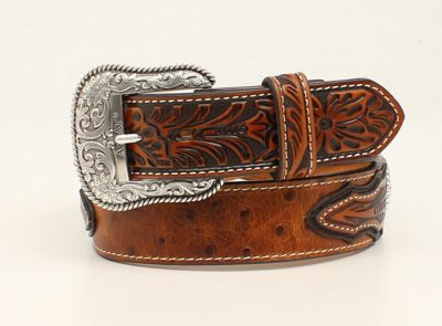Ariat Men's Polyurethane Ostrich Embossed Tabs Belt, 1-1/2 in., Brown