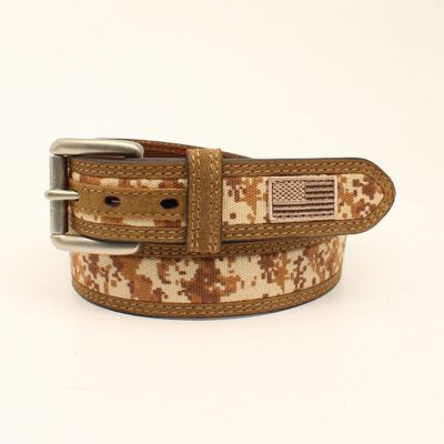 Ariat Men's PU Digital Camo US Flag Medium Belt, 1-1/2 in., Brown