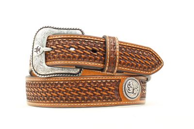 Ariat Men's PU Basket Stitch Embossed Belt, 1-1/2 in., Tan