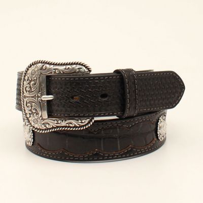 Basket Weave Croc Inlay Belt, Black 
