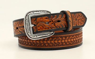 Ariat Men's Embossed Floral Tabs Belt, Black/Tan