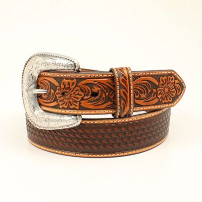 Ariat Men's PU Floral Tab Basketweave Belt, Tan