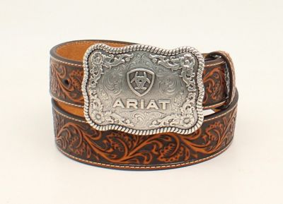 Ariat Men's Embossed Buckle Belt, Black/Tan