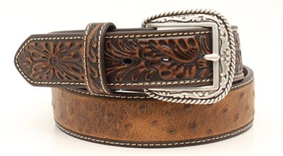 Ariat Men's Ostrich Print Floral Belt, Brown