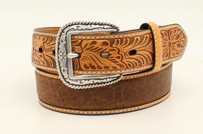 Ariat Men's PU Crocodile Floral Tabs Belt, 1-1/2 in., Tan