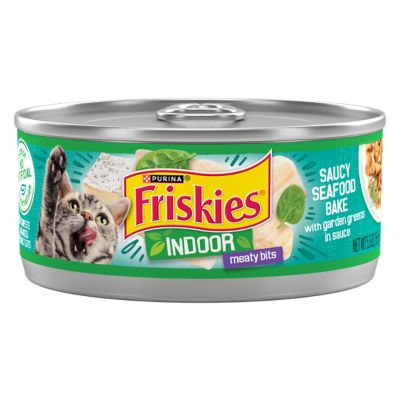 Purina Friskies Indoor Cat Food Meaty Bits Saucy Seafood Bake With Garden Greens in Sauce, 5.5 oz.