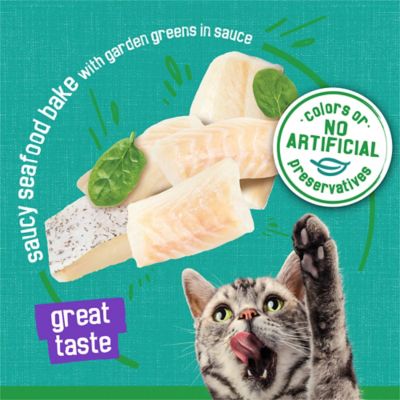 Image showing  Indoor Cat Food Meaty Bits Saucy Seafood Bake With Garden Greens in Sauce, 5.5 oz.