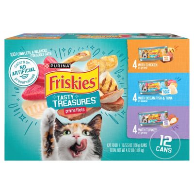 Friskies Tasty Treasures Prime Adult Tuna, Chicken and Turkey in Gravy Wet Cat Food Variety pk., 5.5 oz. Can, Pack of 12