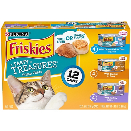 Friskies Tasty Treasures Prime Adult Tuna, Chicken and Turkey in Gravy Wet Cat Food Variety pk., 5.5 oz. Can, Pack of 12