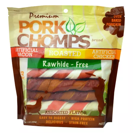 Pork Chomps 6 in Assorted Bacon and Chicken Flavored Twists for Dogs 12 ct Dog Bones Rawhide & Rawhide Alternative