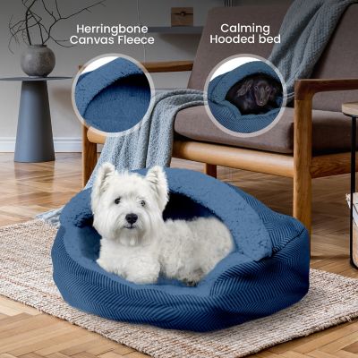 Image showing  Plush Fleece Lined Deep Dish Herringbone Cave Pet Bed, 18HBTN-GRY