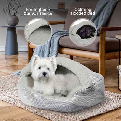 Image showing  Plush Fleece-Lined Deep Dish Herringbone Cave Pet Bed